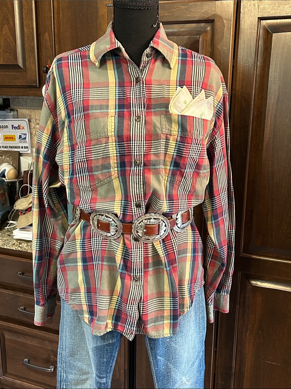 1990’s Lizwear Sz L Red & Green Plaid Button Down Shirt